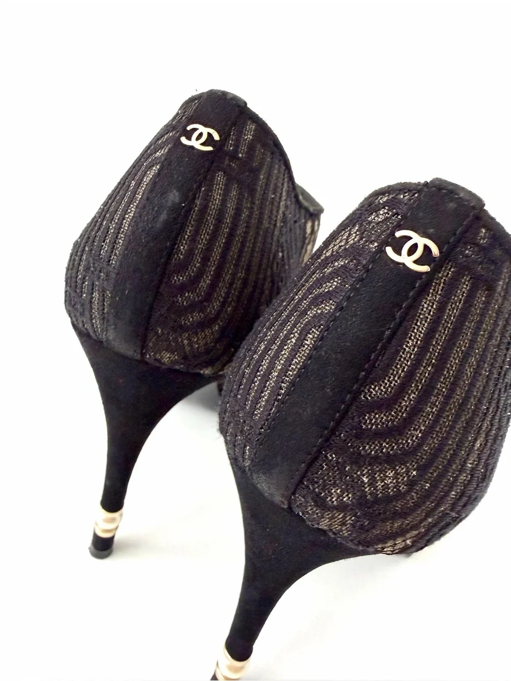 CHANEL | CC Logo Black Lace Up Booties Pearl Stiletto EU 39
